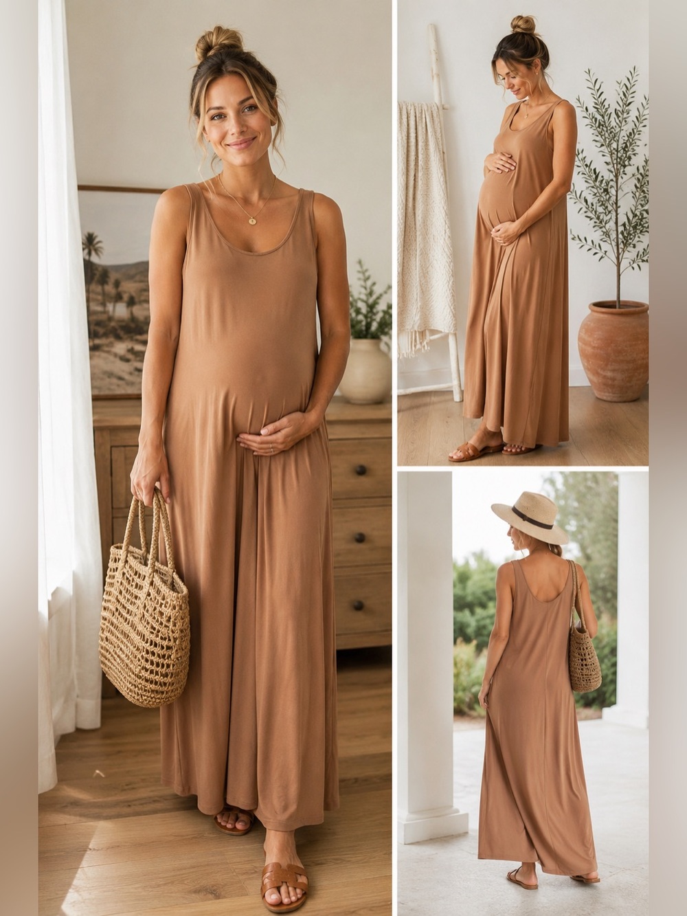 STORQ 2X - 7 Maternity Maxi Tank Scoop Lounge Brown Stretch Classy Comfy Dress